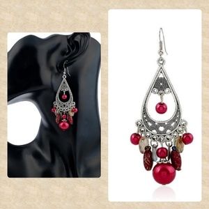 Red Bead and Silvertone Statement Earrings